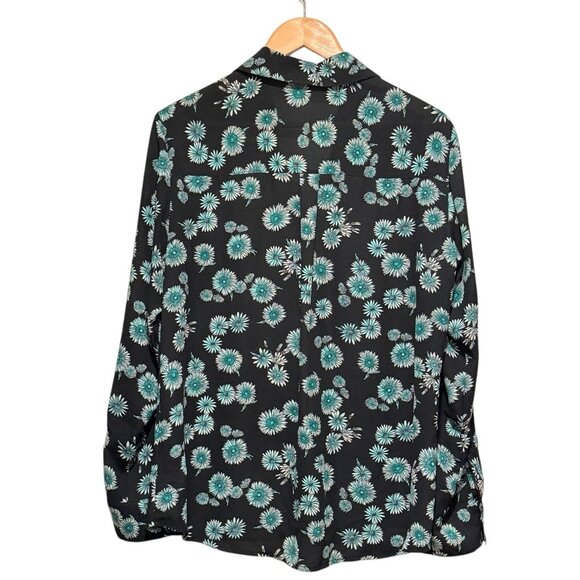 Express Portofino Teal & Black Floral Roll Tab Long Sleeve Womens Top Size Large - Picture 4 of 9